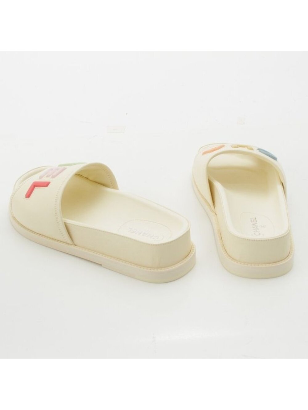 Chanel Lambskin Leather Logo Flat Sandals Mule Ivory Multicolor 37 - Picture 4 of 10
